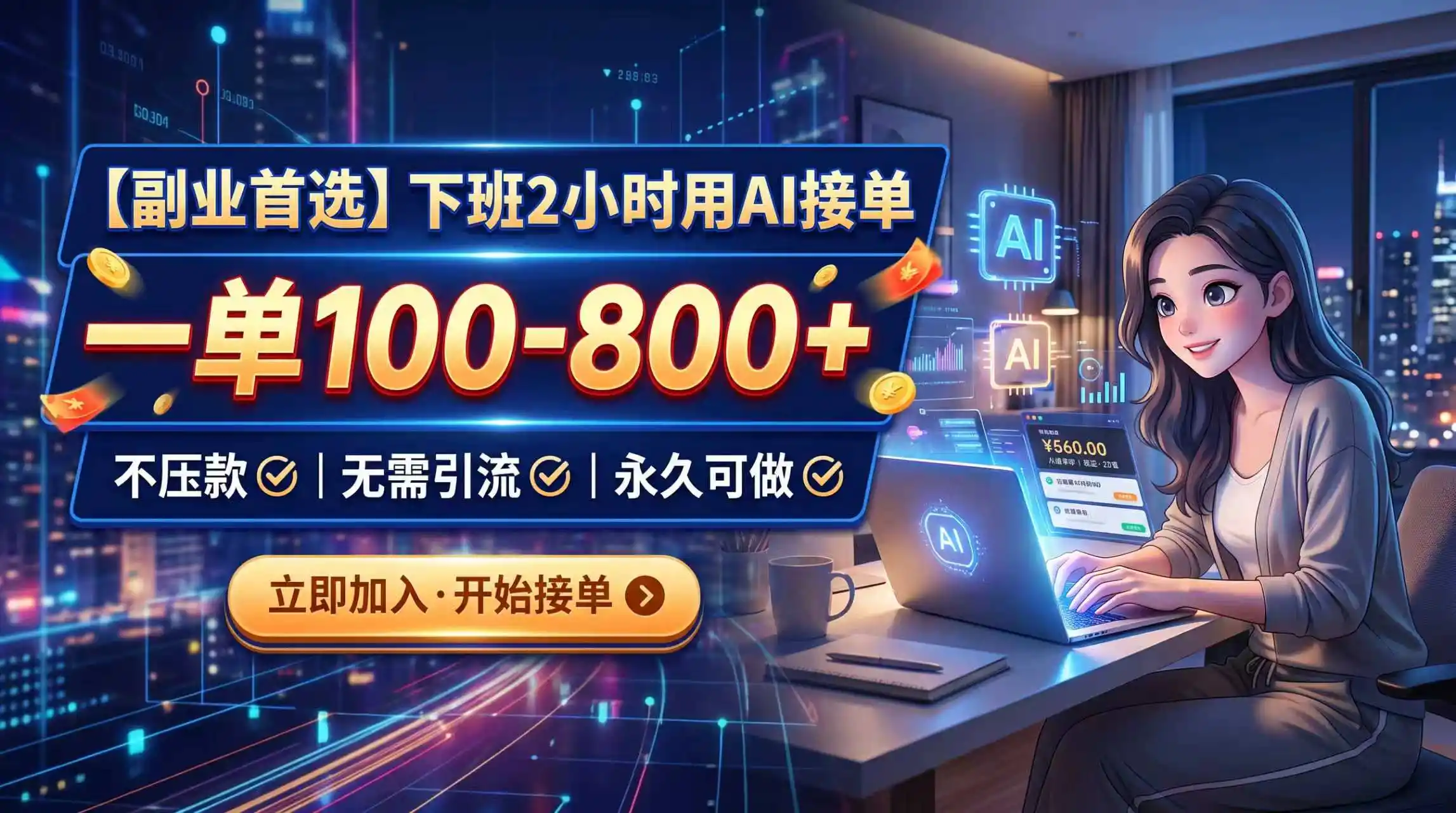 下班2小时用AI接单，一单100-800+，不压款，无需引流，永久可做-亿起创业网-副业兼职月入过万-自媒体、引流推广、网赚项目、短视频、技术教程等创业项目资源