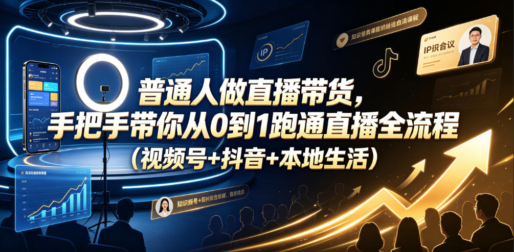 普通人做直播带货，手把手带你从0到1跑通直播全流程(视频号+抖音+本地生活)-亿起创业网-副业兼职月入过万-自媒体、引流推广、网赚项目、短视频、技术教程等创业项目资源