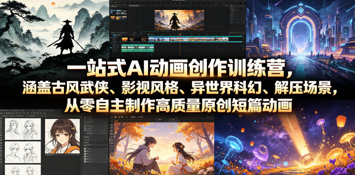 一站式AI动画创作训练营，涵盖古风武侠、影视风格、异世界科幻、解压场景，从零自主制作高质量原创短篇动画-亿起创业网-副业兼职月入过万-自媒体、引流推广、网赚项目、短视频、技术教程等创业项目资源