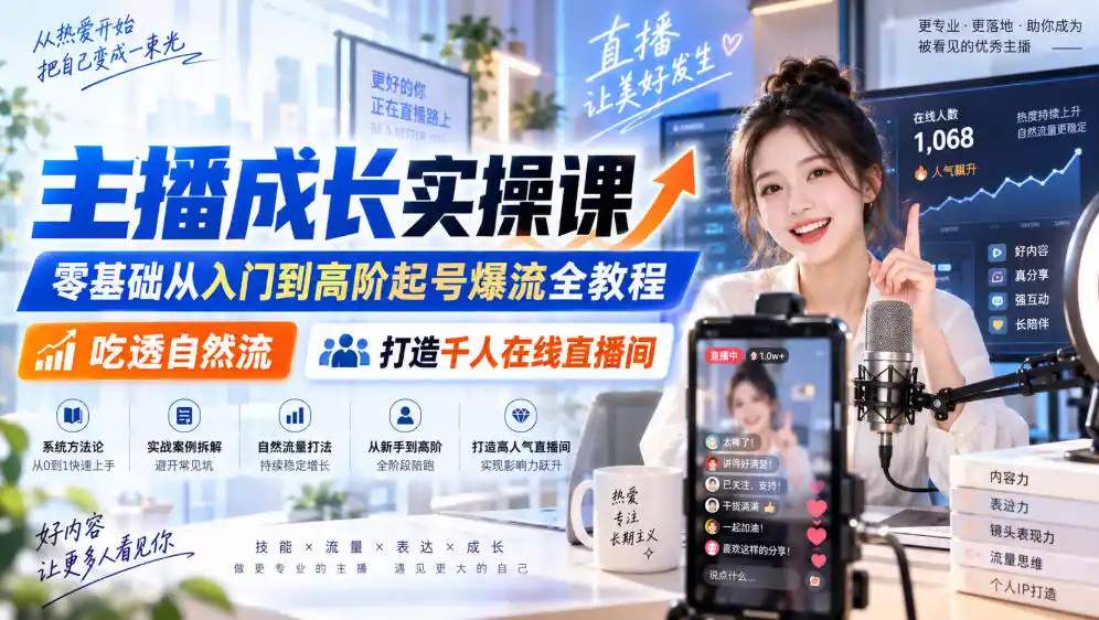主播成长实操课｜零基础从入门到高阶起号爆流全教程，吃透自然流，打造千人在线直播间-亿起创业网-副业兼职月入过万-自媒体、引流推广、网赚项目、短视频、技术教程等创业项目资源