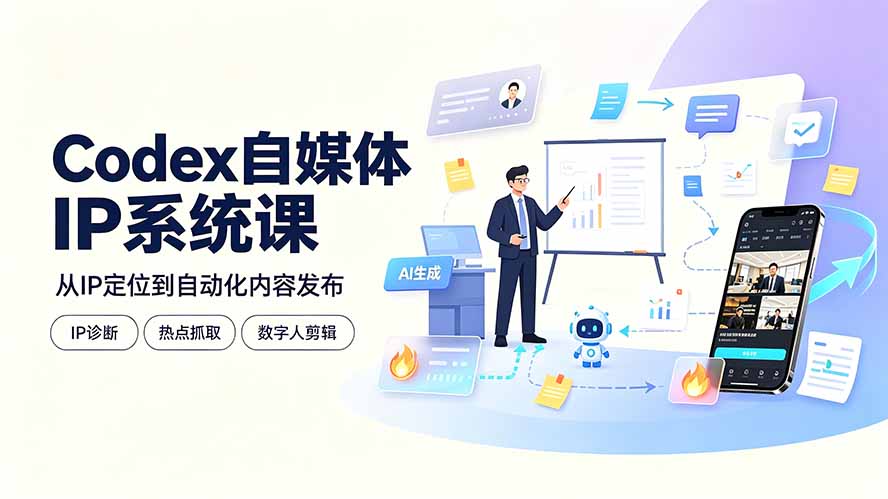 Codex自媒体IP系统课：IP诊断/热点抓取/IP蒸馏 Skill，爆款复刻数字人多平台自动发布教程-亿起创业网-副业兼职月入过万-自媒体、引流推广、网赚项目、短视频、技术教程等创业项目资源