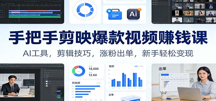 手把手剪映爆款视频赚钱课：AI工具，剪辑技巧，涨粉出单，新手轻松变现-亿佰盟网