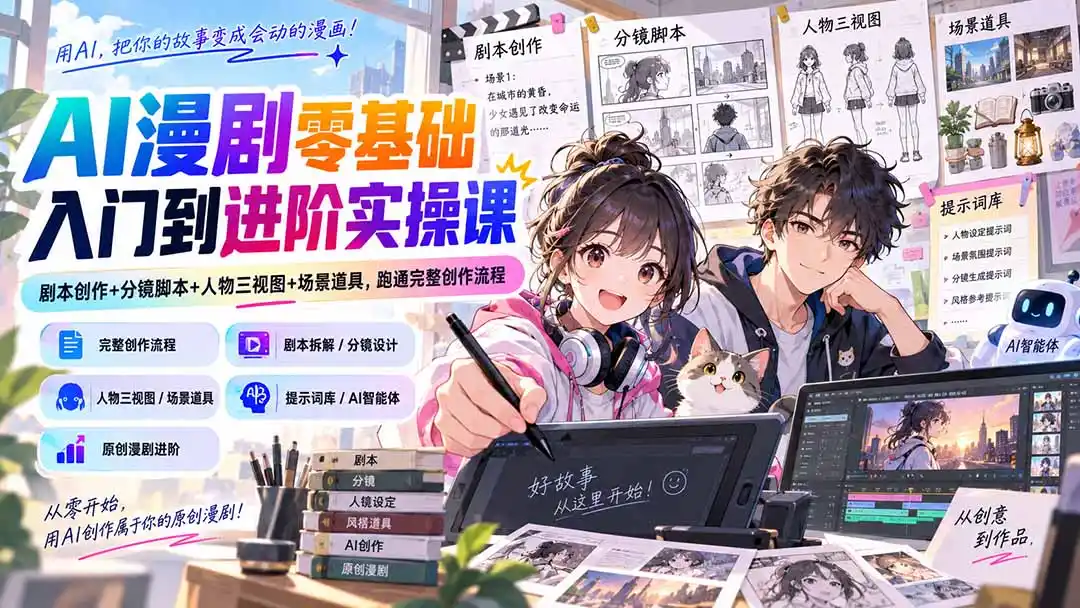 AI漫剧零基础入门到进阶实操课：剧本创作+分镜脚本+人物三视图+场景道具，跑通完整创作流程-亿起创业网-副业兼职月入过万-自媒体、引流推广、网赚项目、短视频、技术教程等创业项目资源