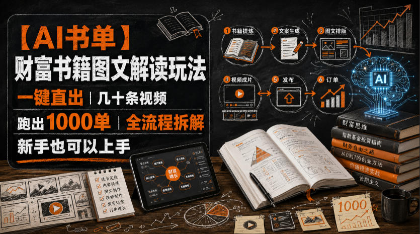 【AI书单】财富书籍图文解读玩法，一键直出，几十条视频，跑出1000单，全流程拆解，新手也可以上手-亿起创业网-副业兼职月入过万-自媒体、引流推广、网赚项目、短视频、技术教程等创业项目资源
