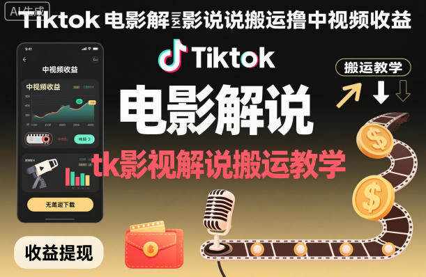 Tiktok电影解说搬运撸中视频收益,tk影视解说搬运教学-亿佰盟网