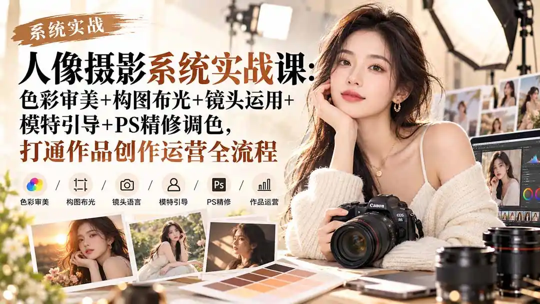 【无水印】人像摄影系统实战课：色彩审美+构图布光+镜头运用+模特引导+PS精修调色，打通作品创作运营全流程-亿起创业网-副业兼职月入过万-自媒体、引流推广、网赚项目、短视频、技术教程等创业项目资源