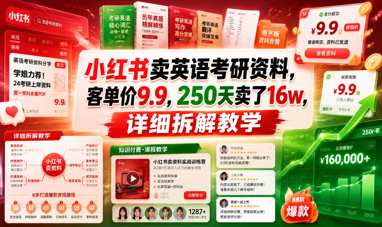 小红书卖英语考研资料,客单价9.9,250天卖了16w,详细拆解教学-亿起创业网-副业兼职月入过万-自媒体、引流推广、网赚项目、短视频、技术教程等创业项目资源