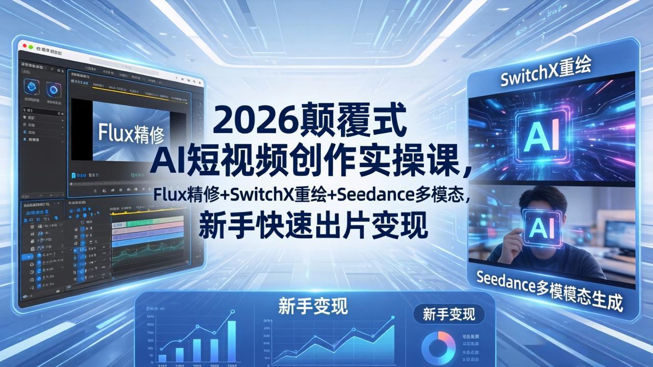 2026颠覆式 AI短视频创作课-5月更新，Flux精修+SwitchX重绘+Seedance多模态，新手快速出片变现-亿起创业网-副业兼职月入过万-自媒体、引流推广、网赚项目、短视频、技术教程等创业项目资源