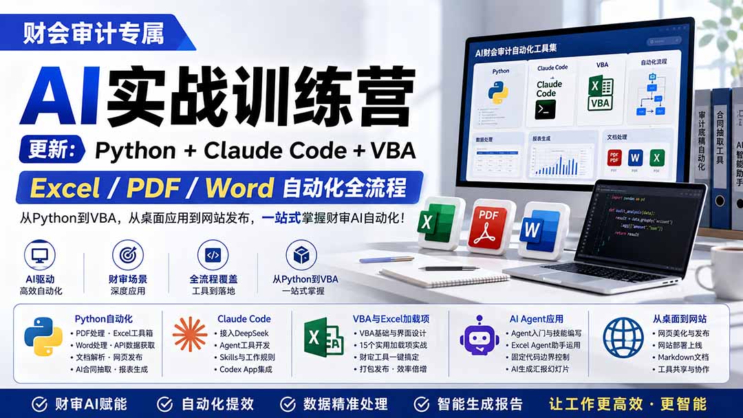 财会审计专属 AI实战训练营：Python+Claude Code+VBA，Excel/PDF/Word自动化全流程 (更新-亿起创业网-副业兼职月入过万-自媒体、引流推广、网赚项目、短视频、技术教程等创业项目资源