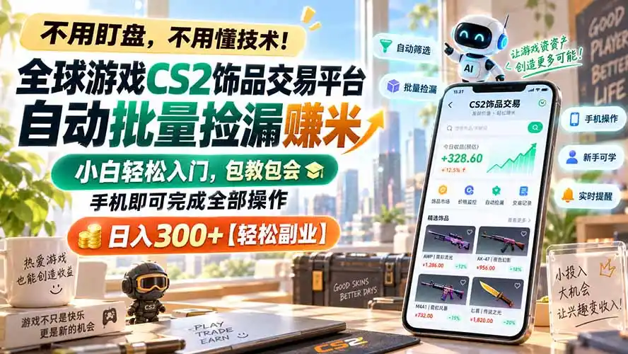 全球游戏CS2饰品交易平台自动批量捡漏赚米，小白轻松入门，包教包会，手机即可完成全部操作，日入300+【轻松副业】-亿起创业网-副业兼职月入过万-自媒体、引流推广、网赚项目、短视频、技术教程等创业项目资源