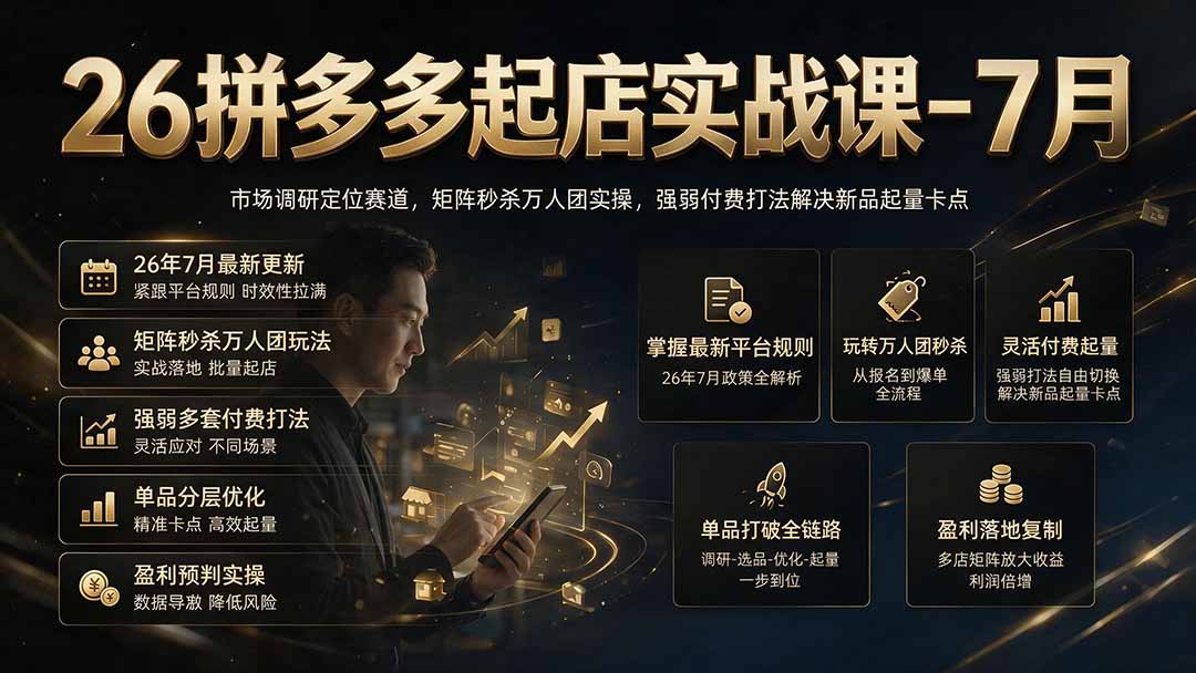 26拼多多起店实战课-7月｜市场调研定位赛道，矩阵秒杀万人团实操，强弱付费打法解决新品起量卡点-亿起创业网-副业兼职月入过万-自媒体、引流推广、网赚项目、短视频、技术教程等创业项目资源