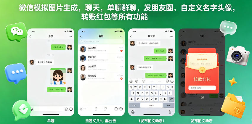 微信模拟图片生成，聊天，单聊群聊，发朋友圈，自定义名字头像，转账红包等所有功能都可以生成-亿起创业网-副业兼职月入过万-自媒体、引流推广、网赚项目、短视频、技术教程等创业项目资源