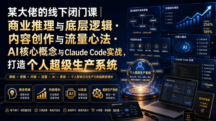 某大佬的线下闭门课｜商业推理与底层逻辑・内容创作与流量心法・AI核心概念与Claude Code实战，打造个人超级生产系统【录音+图片】-亿起创业网-副业兼职月入过万-自媒体、引流推广、网赚项目、短视频、技术教程等创业项目资源
