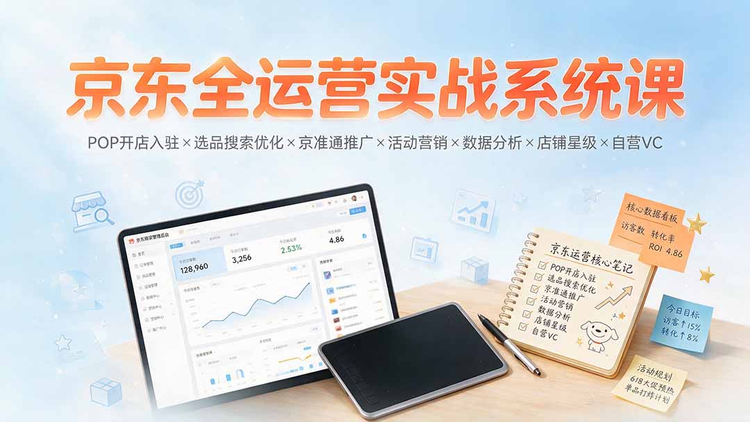 京东全运营实战系统课：POP开店入驻×选品搜索优化×京准通推广×活动营销×数据分析×店铺星级×自营VC-亿起创业网-副业兼职月入过万-自媒体、引流推广、网赚项目、短视频、技术教程等创业项目资源
