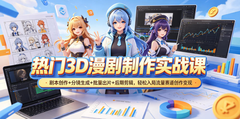 热门3D漫剧制作实战课，剧本创作+分镜生成+批量出片+后期剪辑，轻松入局流量赛道创作变现-亿起创业网-副业兼职月入过万-自媒体、引流推广、网赚项目、短视频、技术教程等创业项目资源