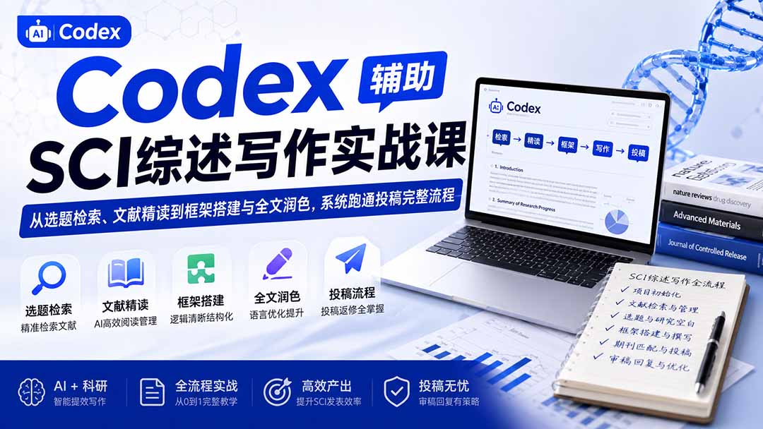 Codex辅助SCI综述写作实战课——从选题检索、文献精读到框架搭建与全文润色，系统跑通投稿完整流程-亿起创业网-副业兼职月入过万-自媒体、引流推广、网赚项目、短视频、技术教程等创业项目资源