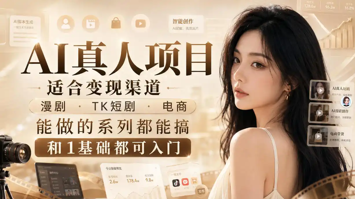 AI真人项目，适合变现渠道，漫剧，TK短剧，电商，能做的系列都能搞，0和1基础都可入门-亿起创业网-副业兼职月入过万-自媒体、引流推广、网赚项目、短视频、技术教程等创业项目资源