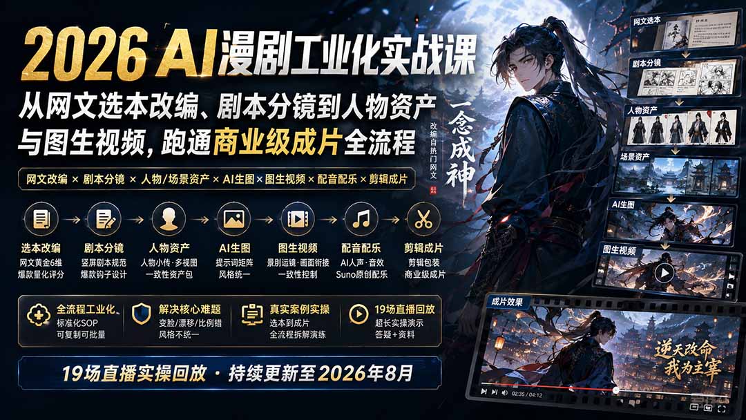 2026 AI漫剧工业化实战课-更新：从网文选本改编、剧本分镜到人物资产与图生视频，跑通商业级成片全流程-亿起创业网-副业兼职月入过万-自媒体、引流推广、网赚项目、短视频、技术教程等创业项目资源