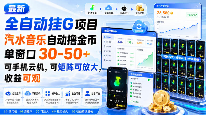 最新全自动挂G项目,汽水音乐自动撸金币单窗口30-50+,可手机云机,可矩阵可放大,收益可观-亿起创业网-副业兼职月入过万-自媒体、引流推广、网赚项目、短视频、技术教程等创业项目资源