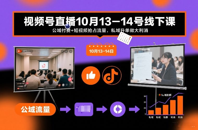 视频号直播10月13-14号线下课，公域付费+短视频抢占流量，私域升单做大利消-亿佰盟网