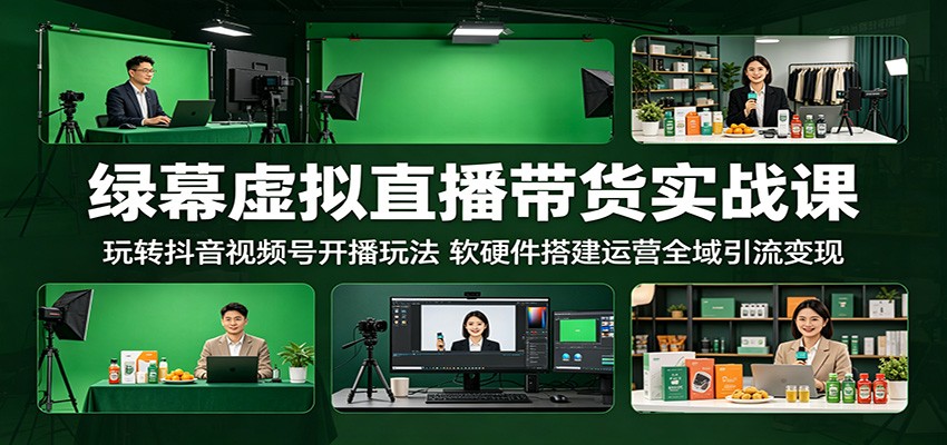 绿幕虚拟直播带货实战课：玩转抖音视频号开播玩法，软硬件搭建运营全域引流变现-亿起创业网-副业兼职月入过万-自媒体、引流推广、网赚项目、短视频、技术教程等创业项目资源