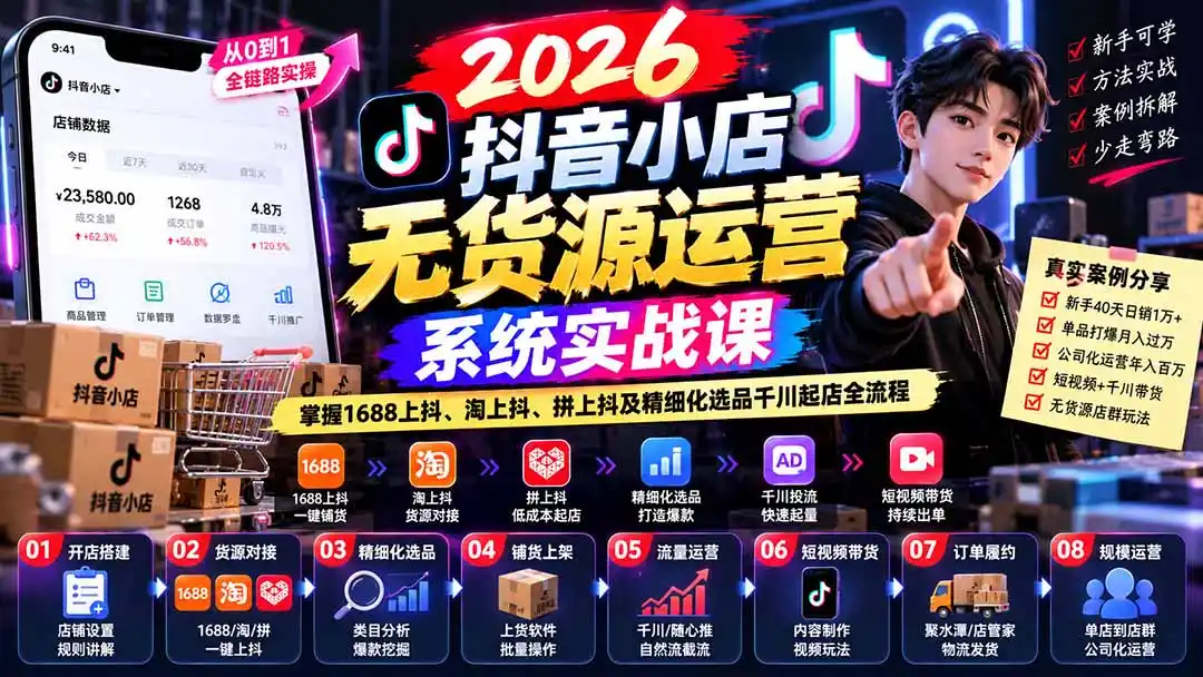 【无水印】2026抖音小店无货源运营系统实战课：掌握1688上抖、淘上抖、拼上抖及精细化选品千川起店全流程
