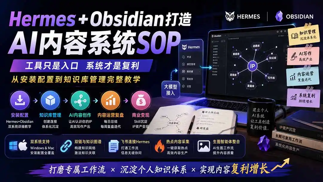 Hermes+Obsidian打造AI内容系统SOP；工具只是入口系统才是复利，从安装配置到知识库管理完整教学-亿起创业网-副业兼职月入过万-自媒体、引流推广、网赚项目、短视频、技术教程等创业项目资源