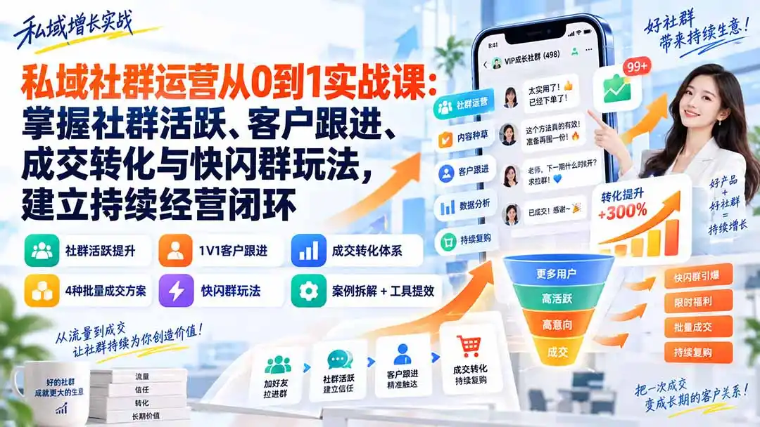 私域社群运营从0到1实战课：掌握社群活跃、客户跟进、成交转化与快闪群玩法，建立持续经营闭环-亿起创业网-副业兼职月入过万-自媒体、引流推广、网赚项目、短视频、技术教程等创业项目资源