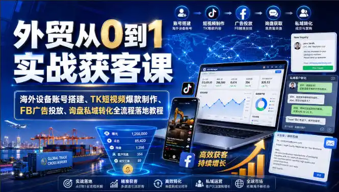 外贸从0到1实战获客课｜海外设备账号搭建、TK短视频爆款制作、FB广告投放、询盘私域转化全流程落地教程-亿起创业网-副业兼职月入过万-自媒体、引流推广、网赚项目、短视频、技术教程等创业项目资源