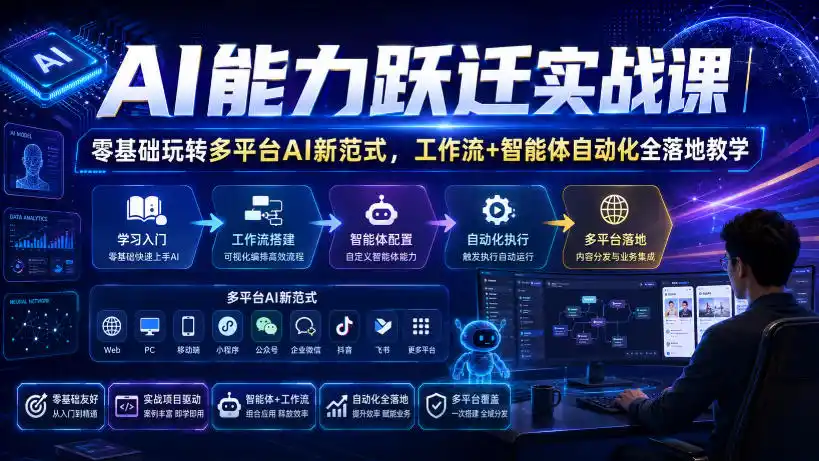 AI能力跃迁实战课｜零基础玩转多平台AI新范式，工作流+智能体自动化全落地教学-亿起创业网-副业兼职月入过万-自媒体、引流推广、网赚项目、短视频、技术教程等创业项目资源