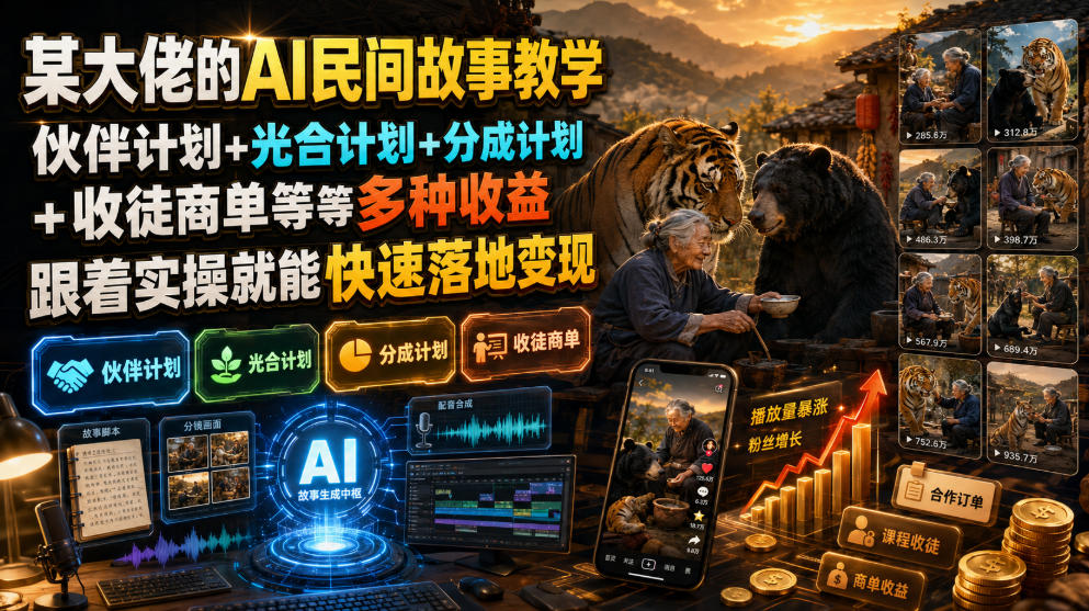 某大佬的AI民间故事教学，伙伴计划+光合计划+分成计划+收徒商单等多种收益，跟着实操就能快速落地变现-亿起创业网-副业兼职月入过万-自媒体、引流推广、网赚项目、短视频、技术教程等创业项目资源