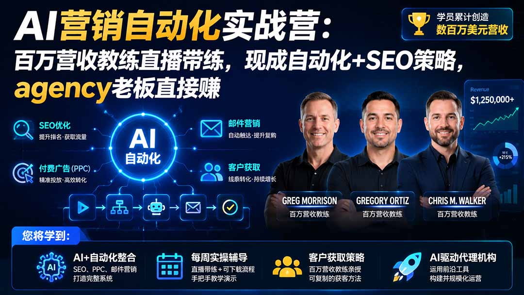 AI营销自动化实战营：百万营收教练直播带练，现成自动化+SEO策略，agency老板直接赚【原创双语字幕】-亿起创业网-副业兼职月入过万-自媒体、引流推广、网赚项目、短视频、技术教程等创业项目资源