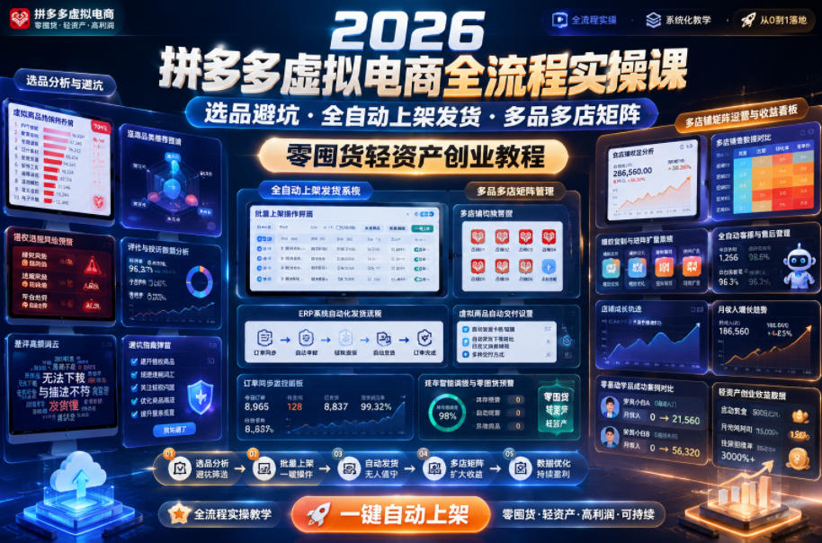 2026拼多多虚拟电商全流程实操课，选品避坑・全自动上架发货・多品多店矩阵，零囤货轻资产创业教程-亿起创业网-副业兼职月入过万-自媒体、引流推广、网赚项目、短视频、技术教程等创业项目资源