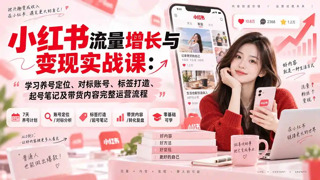 小红书流量增长与变现实战课：学习养号定位、对标账号、标签打造、起号笔记及带货内容完整运营流程