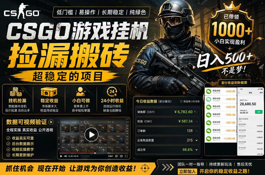 CSGO游戏搬砖，全自动挂G，不需要玩游戏，手机操作日入300+，解放双手【揭秘】-亿起创业网-副业兼职月入过万-自媒体、引流推广、网赚项目、短视频、技术教程等创业项目资源