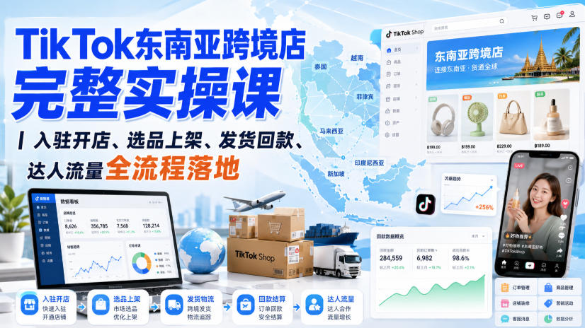 TikTok东南亚跨境店完整实操课｜入驻开店、选品上架、发货回款、达人流量全流程落地-亿起创业网-副业兼职月入过万-自媒体、引流推广、网赚项目、短视频、技术教程等创业项目资源