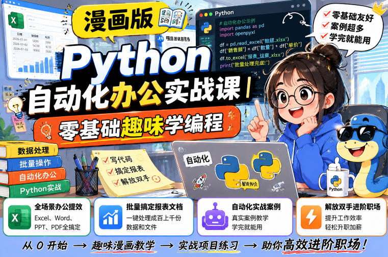 漫画版Python自动化办公实战课｜零基础趣味学编程，全场景办公提效、批量搞定报表文档、解放双手进阶职场-亿起创业网-副业兼职月入过万-自媒体、引流推广、网赚项目、短视频、技术教程等创业项目资源