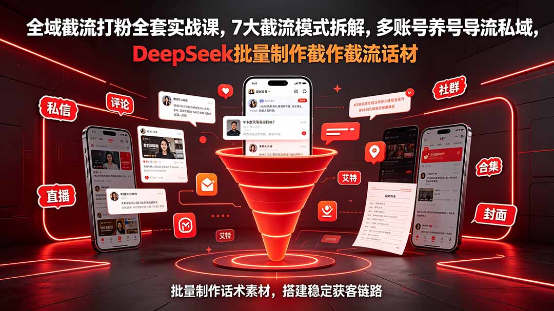 全域截流打粉全套实战课，7大截流模式拆解，多账号养号导流私域，DeepSeek批量制作截流话术素材-亿起创业网-副业兼职月入过万-自媒体、引流推广、网赚项目、短视频、技术教程等创业项目资源