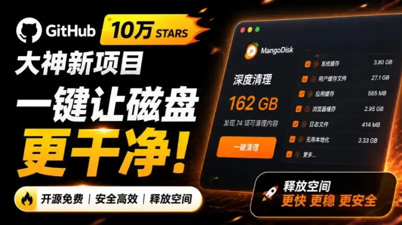 在Gtihub上做出10万stars的大神，又发布新项目了！一键让磁盘更干净，开源免费清理工具MangoDisk-亿起创业网-副业兼职月入过万-自媒体、引流推广、网赚项目、短视频、技术教程等创业项目资源