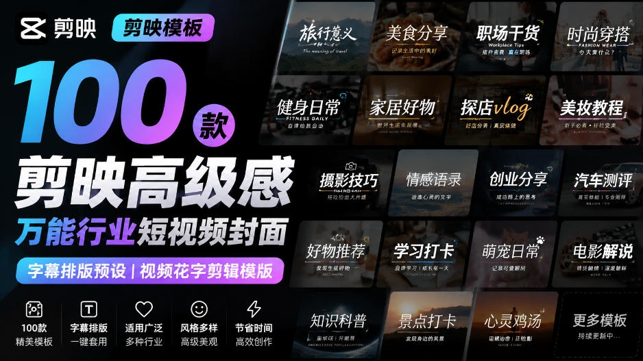 【剪映模板】100款剪映高级感万能行业短视频封面字幕排版预设视频花字剪辑模版-亿起创业网-副业兼职月入过万-自媒体、引流推广、网赚项目、短视频、技术教程等创业项目资源