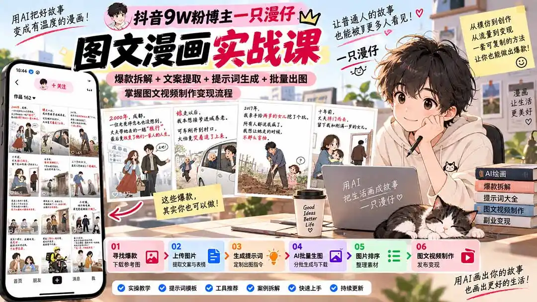 抖音9W粉博主一只漫仔图文漫画课：爆款拆解+文案提取+提示词生成+批量出图，掌握图文视频制作变现流程-亿起创业网-副业兼职月入过万-自媒体、引流推广、网赚项目、短视频、技术教程等创业项目资源