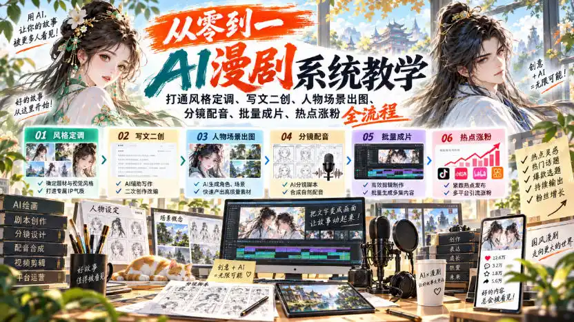 从零到一AI漫剧系统教学,打通风格定调、写文二创、人物场景出图、分镜配音、批量成片、热点涨粉全流程 从零到一AI漫剧系统教学,打通风格定调、写文二创、人物场景出图、分镜配音、批量成片、热点涨粉全流程