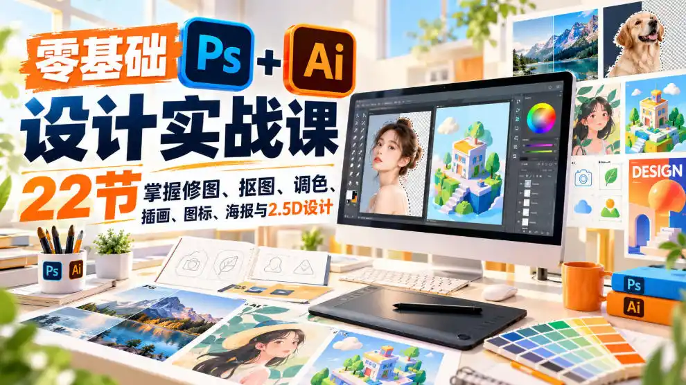 【无水印】零基础PS+AI设计实战课｜22节掌握修图、抠图、调色、插画、图标、海报与2.5D设计-亿起创业网-副业兼职月入过万-自媒体、引流推广、网赚项目、短视频、技术教程等创业项目资源