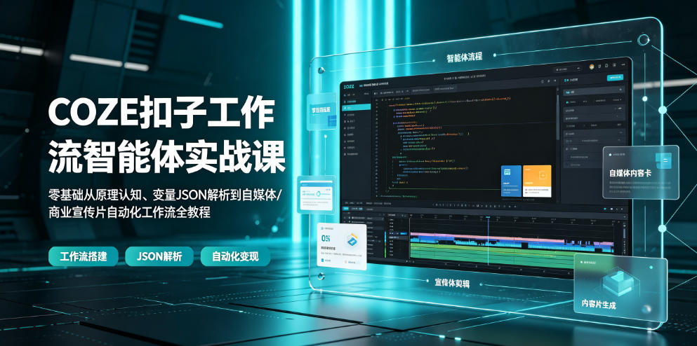 COZE扣子工作流智能体实战课｜零基础从原理认知、变量JSON解析到自媒体/商业宣传片自动化工作流全教程-亿起创业网-副业兼职月入过万-自媒体、引流推广、网赚项目、短视频、技术教程等创业项目资源