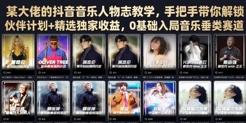 某大佬的抖音音乐人物志教学，手把手带你解锁伙伴计划+精选独家收益，0基础入局音乐垂类赛道-亿起创业网-副业兼职月入过万-自媒体、引流推广、网赚项目、短视频、技术教程等创业项目资源