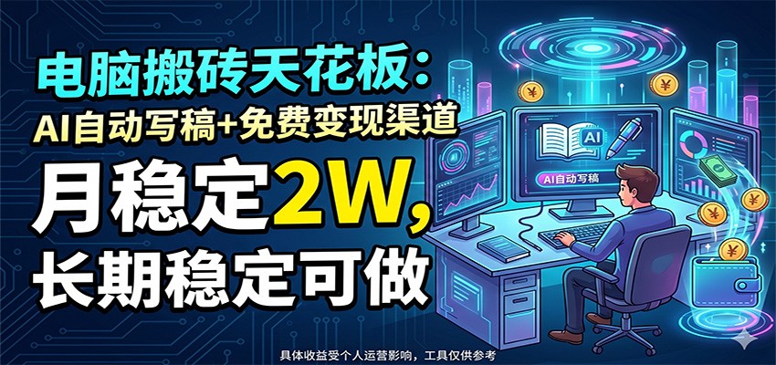 电脑搬砖天花板:AI自动写稿+免费变现渠道,月稳定2W,长期稳定可做-亿起创业网-副业兼职月入过万-自媒体、引流推广、网赚项目、短视频、技术教程等创业项目资源