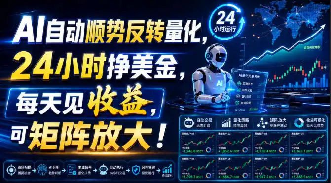 AI自动顺势反转量化，24小时挣美金，每天见收益，可矩阵放大！【揭秘】-亿起创业网-副业兼职月入过万-自媒体、引流推广、网赚项目、短视频、技术教程等创业项目资源