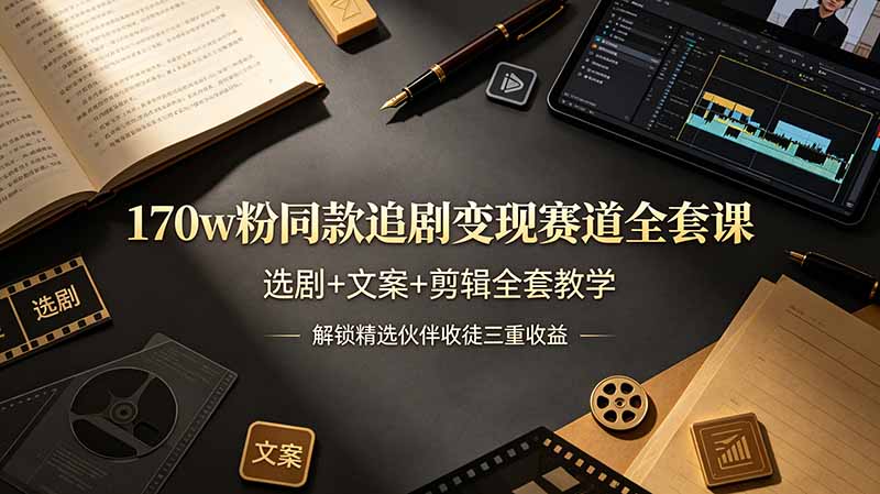 170w粉博主同款追剧变现赛道全套课，选剧+文案+剪辑全套教学，解锁精选伙伴收徒三重收益-亿起创业网-副业兼职月入过万-自媒体、引流推广、网赚项目、短视频、技术教程等创业项目资源