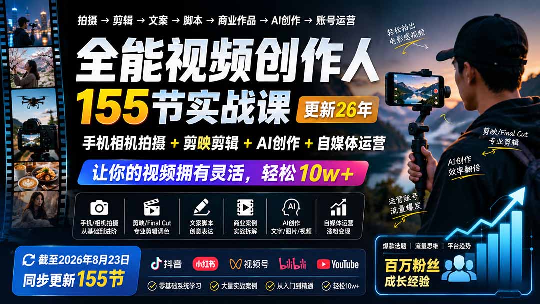 全能视频创作人155节实战课-更新26年8月：手机相机拍摄+剪映剪辑+AI创作+自媒体运营，让你的视频拥有灵活，轻松10w-亿起创业网-副业兼职月入过万-自媒体、引流推广、网赚项目、短视频、技术教程等创业项目资源