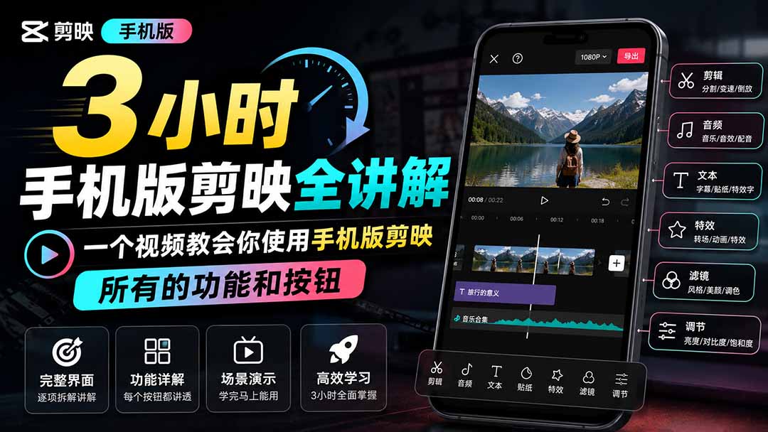 3小时手机版剪映全讲解，一个视频教会你使用手机版剪映，所有的功能和按钮-亿起创业网-副业兼职月入过万-自媒体、引流推广、网赚项目、短视频、技术教程等创业项目资源